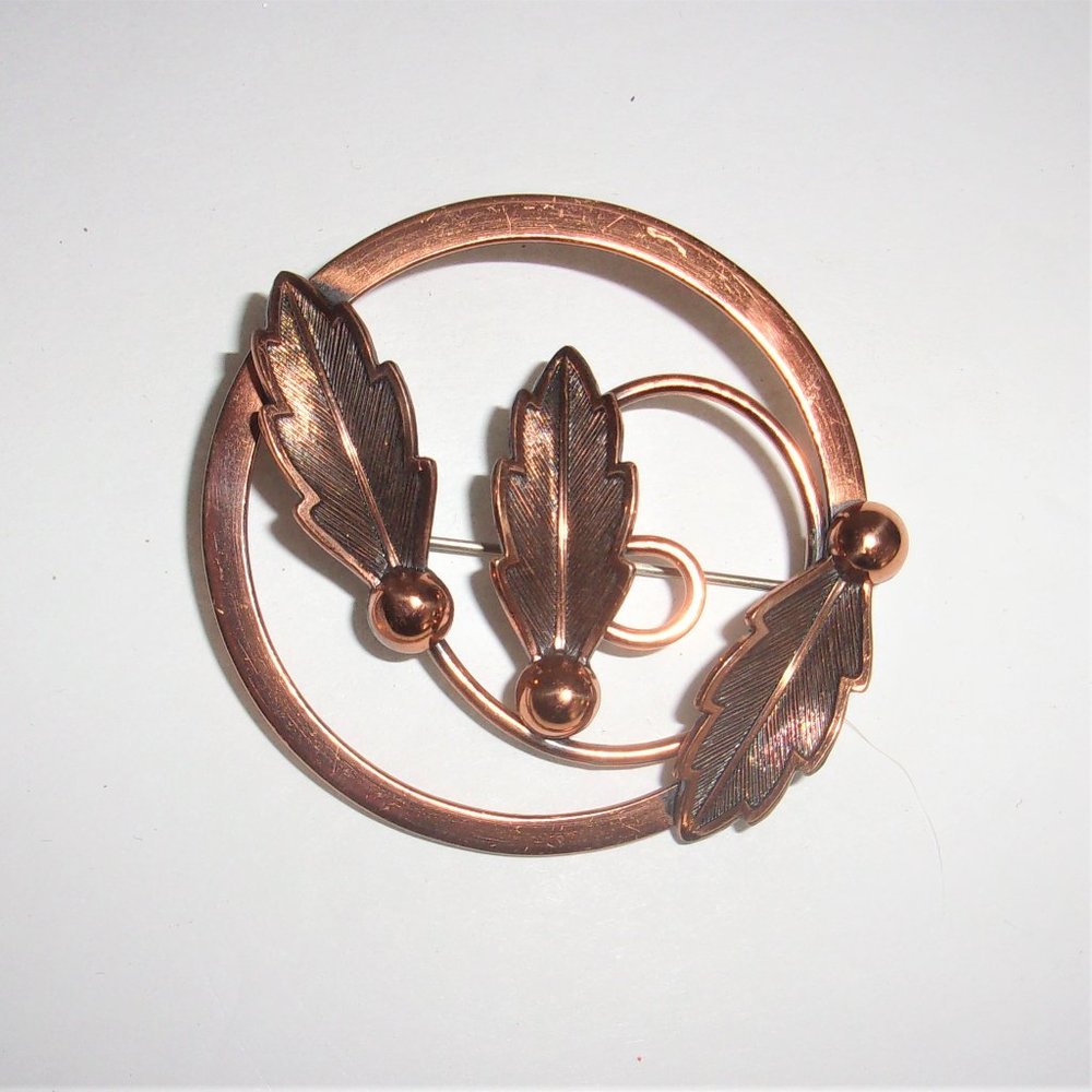 Copper by Bell Circular Leaf Brooch Pin Marked